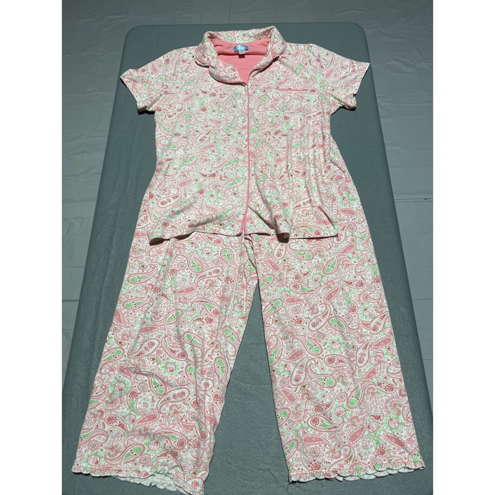 Celestial Dreams Pink Green Paisley Pajama Set Short Sleeve Button Top Pants L